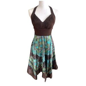 Vintage‎ Y2k Brown Satin Paisley Babydoll Sleeveless Midi Dress 90s Forest Fairy